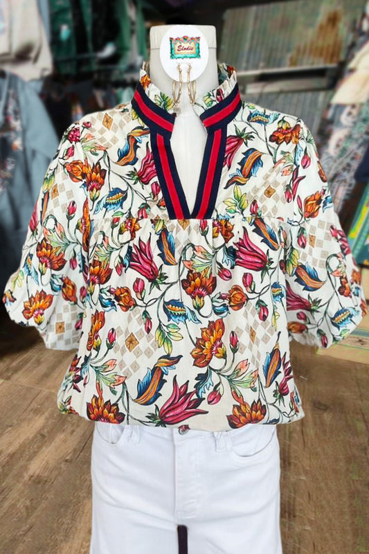 Chic Floral Print V-Neck Puff Sleeve Top