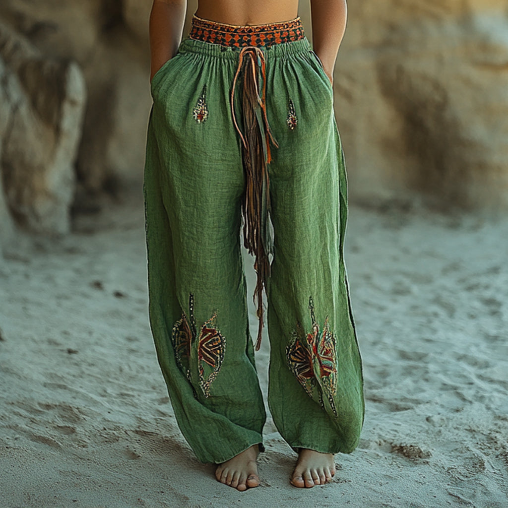 Bohemian Casual Resort Style Linen Loose Trousers