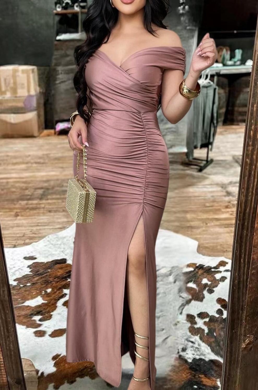 Off-Shoulder Ruched Evening Maxi Dress