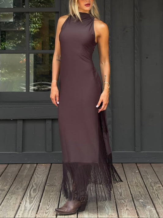Dark Brown Halter Neck Fringe Hem Maxi Dress