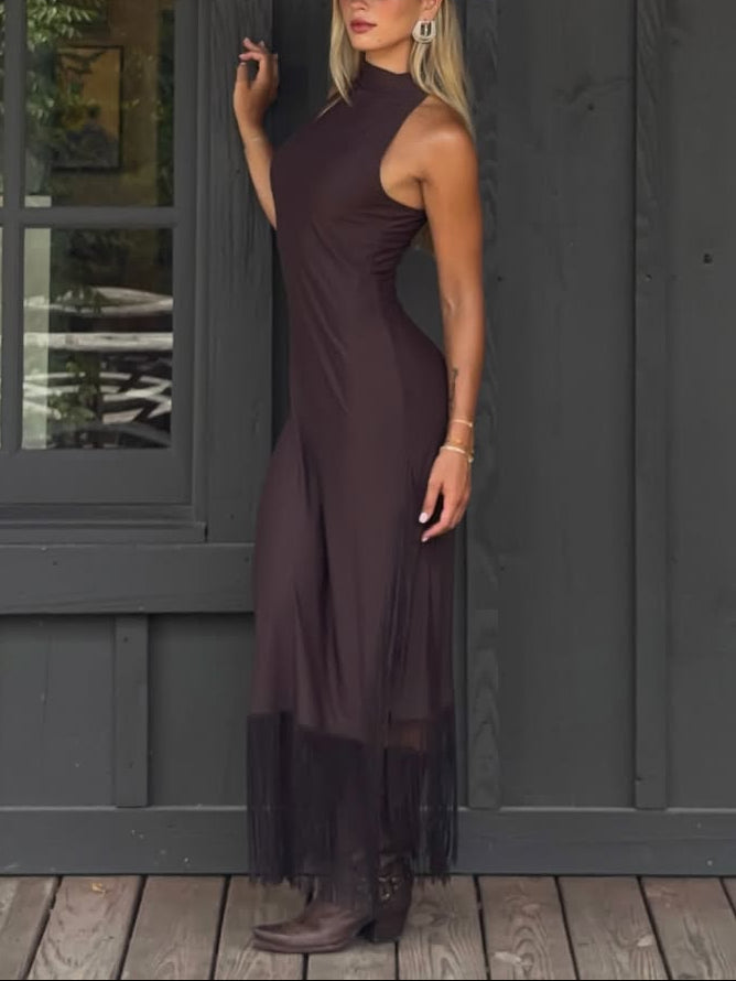 Dark Brown Halter Neck Fringe Hem Maxi Dress