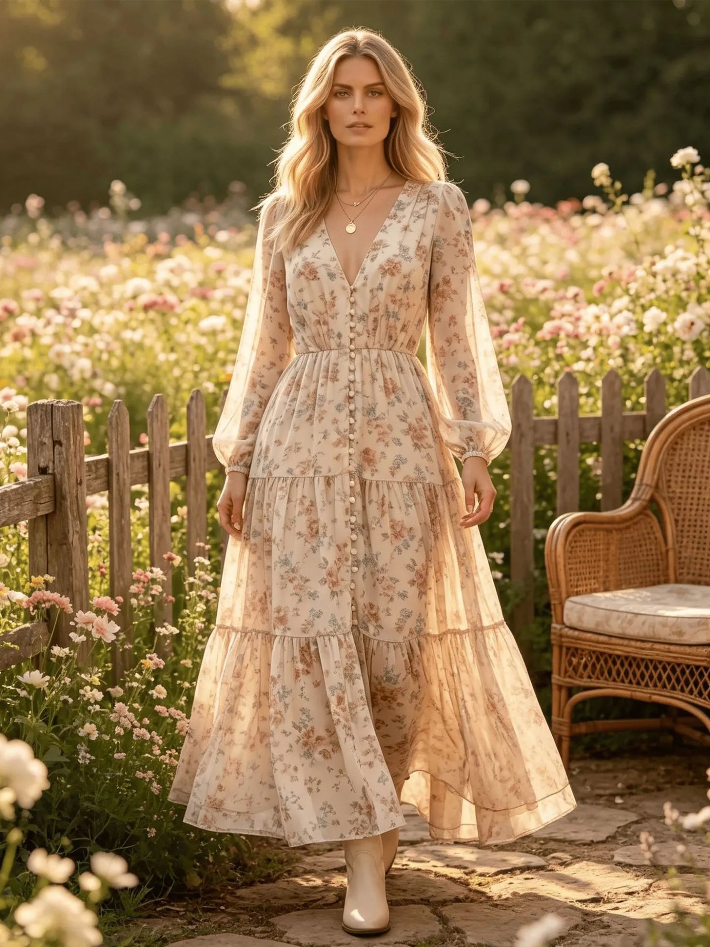 Western Dress — Ivory Apricot Plunging V-Neck Button Placket Long Sleeve Lace Dress Maxi Dress