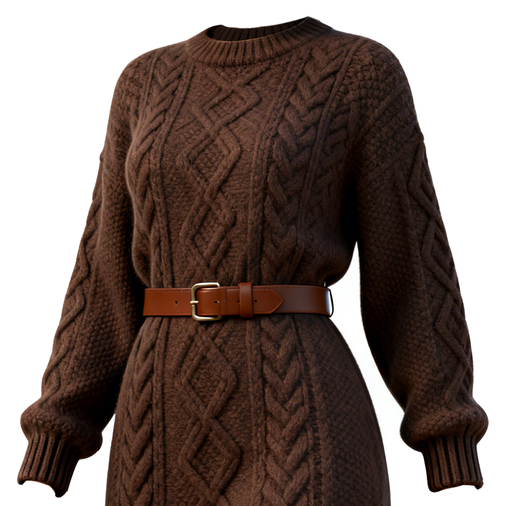 Woen's Brown Cable Knit Sweater Dress Without Belt