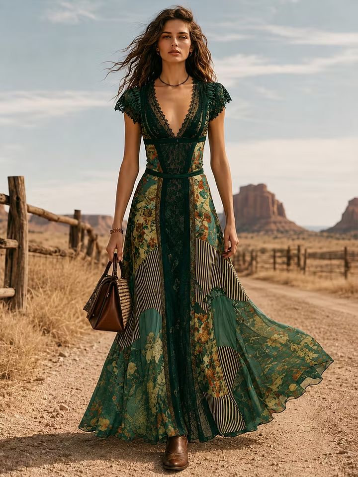 Boho Print Lace Trim Ethnic Print Maxi Dress