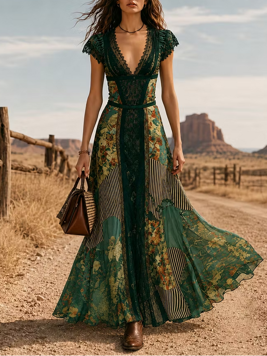 Boho Print Lace Trim Ethnic Print Maxi Dress