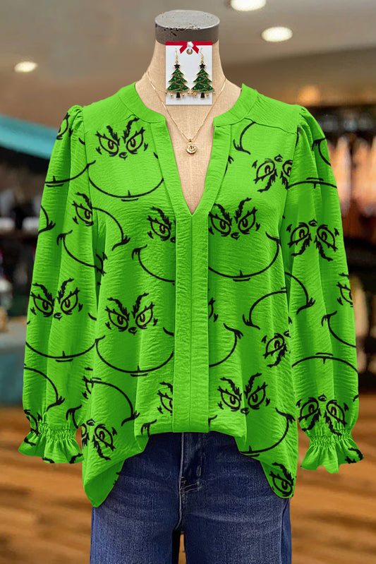 Christmas Grinch Print V-Neck Top