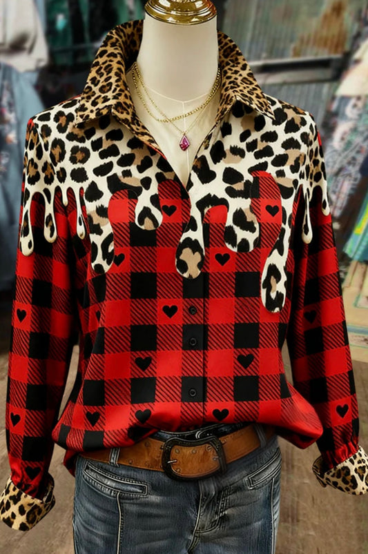 Classic Plaid Leopard Print Leopard Collar Blouse