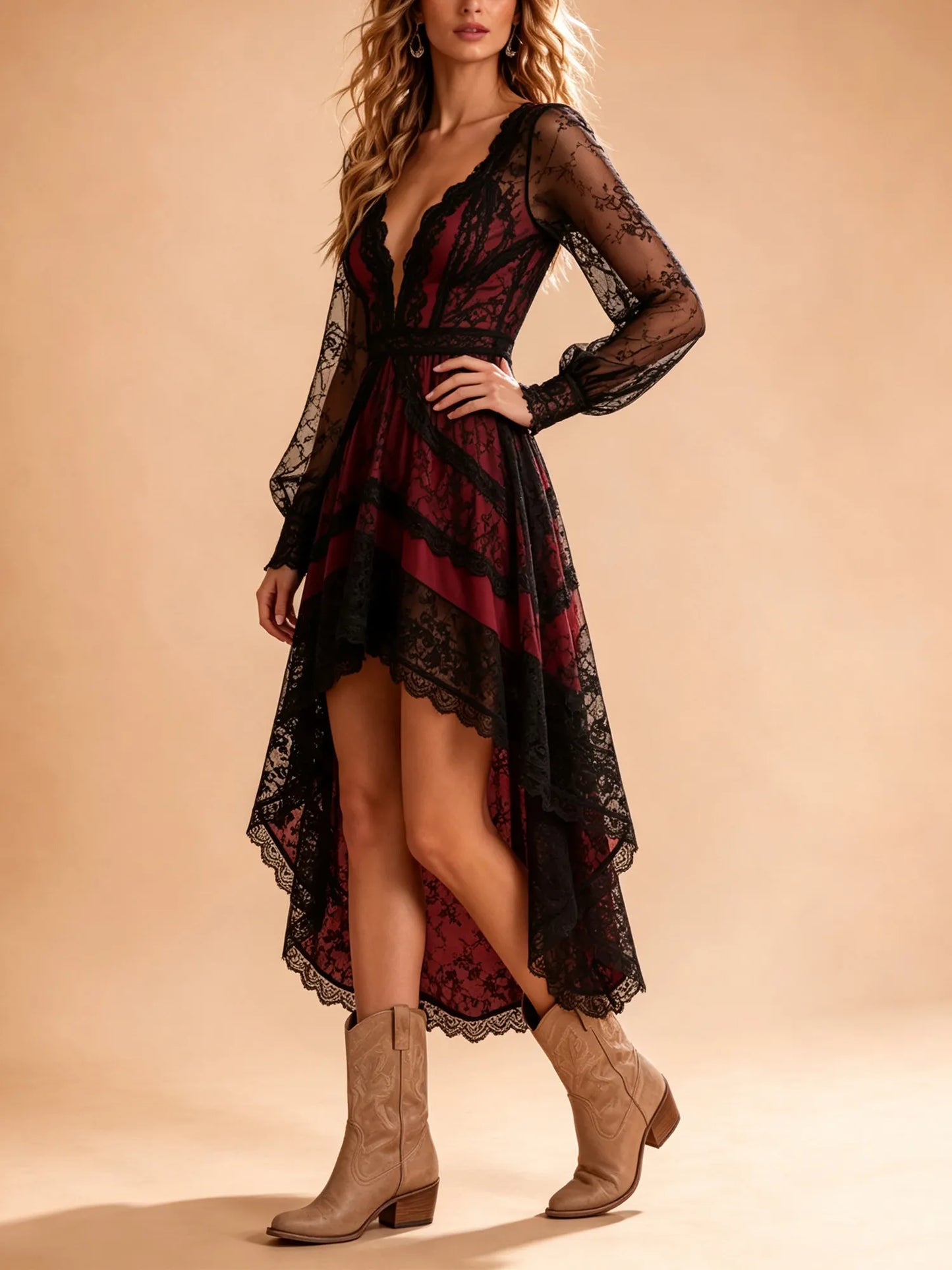 Vintage Lace Lantern Sleeve High-Low Maxi Dress