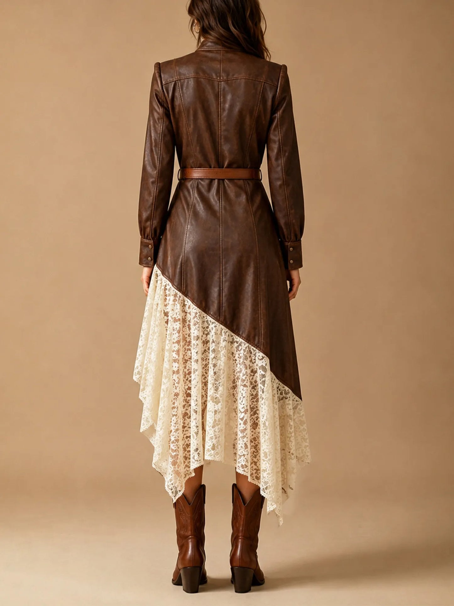 Coffee Brown Leather Patchwork Asymmetric Lace Midi Dress