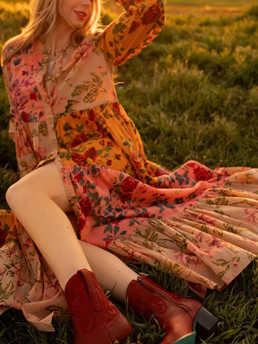 Boho Floral Print V Neck Long Dress Dress