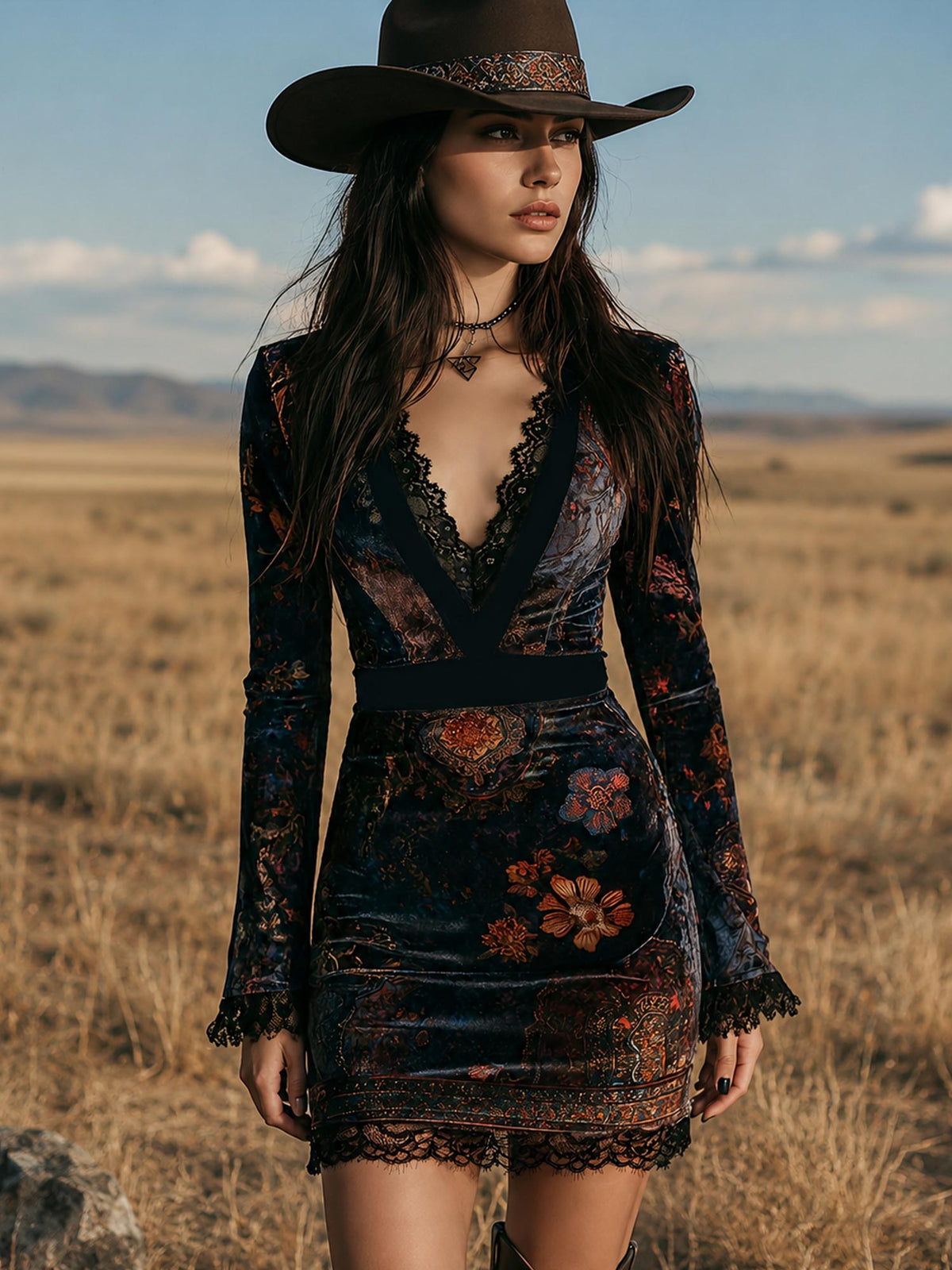 Ideal for Country Music Night — Dark Gothic Western Retro Floral Printed Deep V-Neck Lace Trim Velvet Mini Dress
