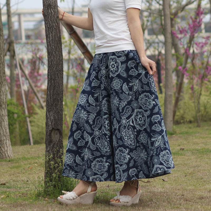 Cotton and linen printed maxi skirt | Retro ethnic style elastic waist midi skirt