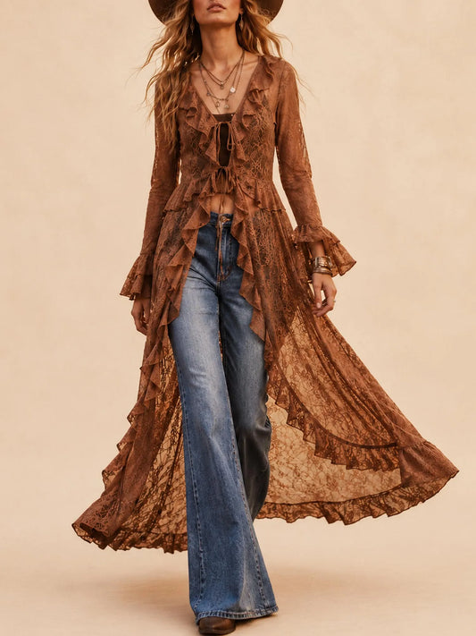 Perfect for a Western Music Festival & Outdoor Party — Women's Brown Tie-Front Ruffled Sheer Lace Duster Cardigan