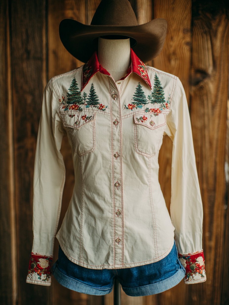 Women's Vintage Christmas Santa Evergreen Floral Western Double Pocket Shirt