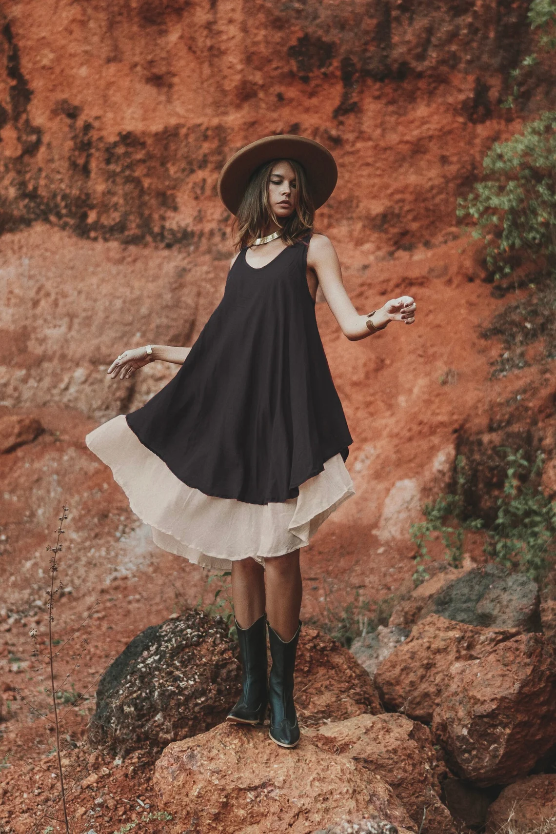 Boho Midi Dress Black/Cotton Gypsy Dress