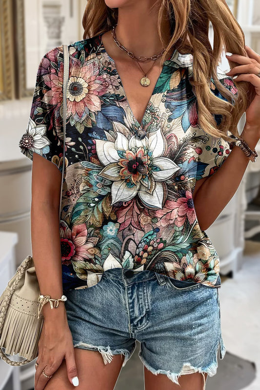 Retro Floral Print V-Neck T-Shirt