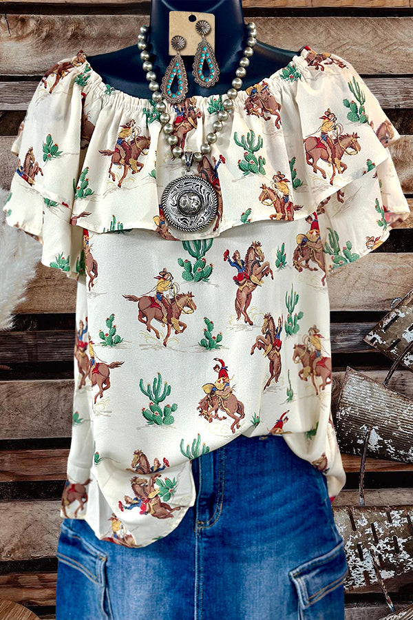 Retro Ruffle Cactus Cowboy Print Top