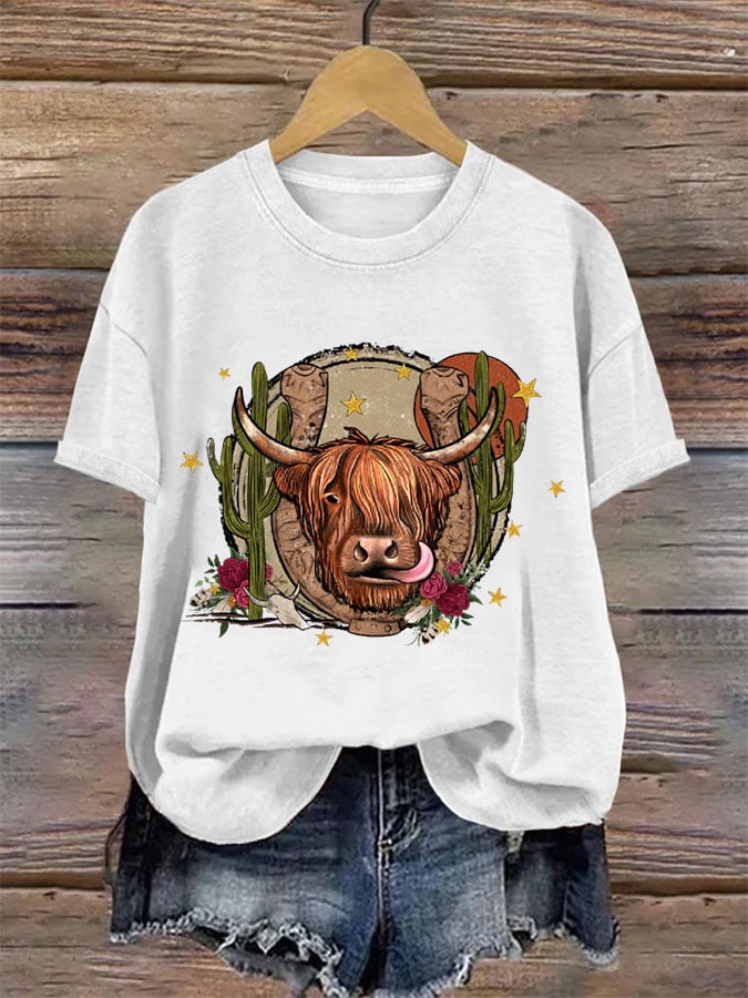 Women's Western Highland Cow Print Casual T-shirt