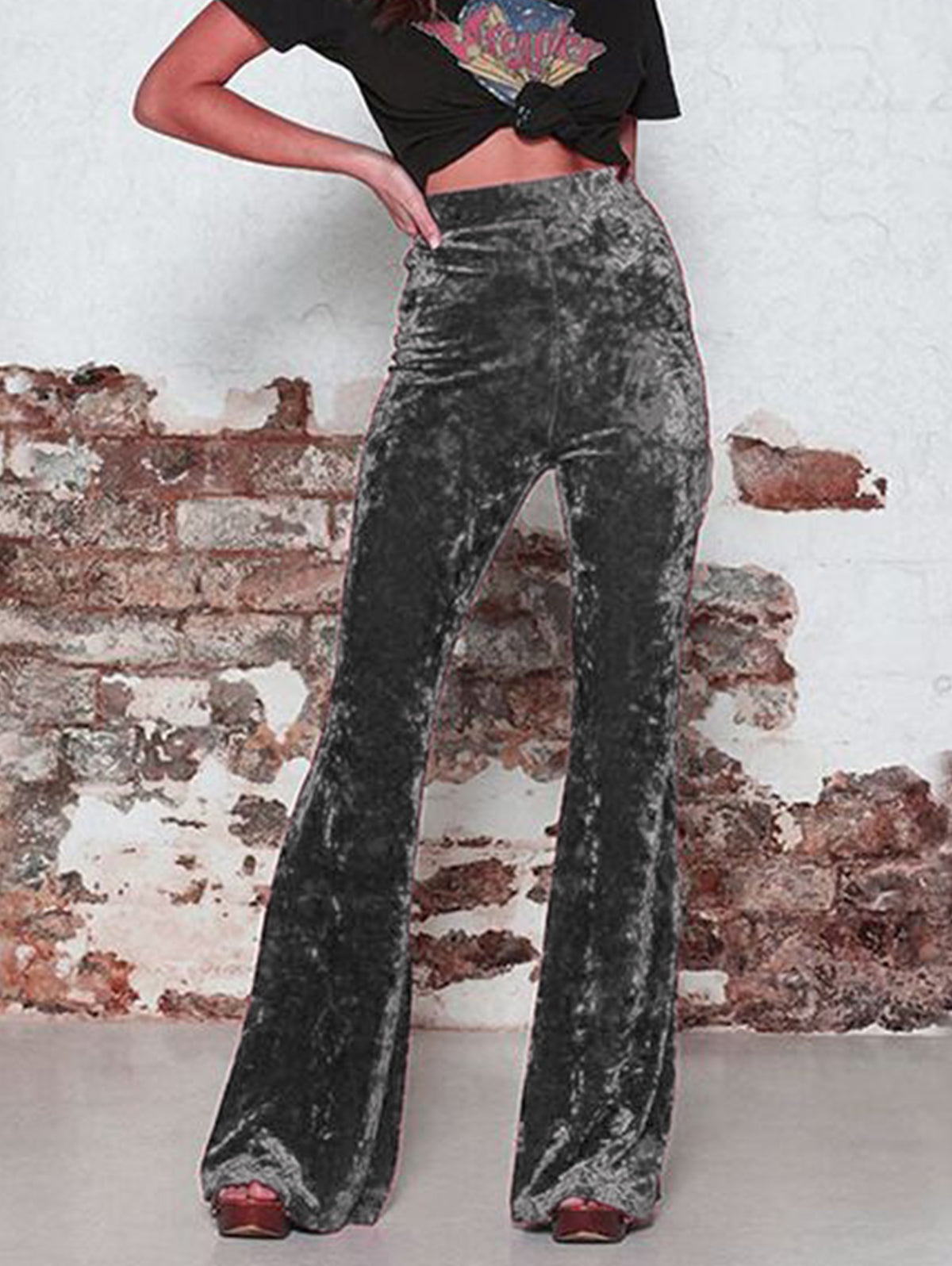 Casual High Waist Solid Velvet Flare Leg Pants