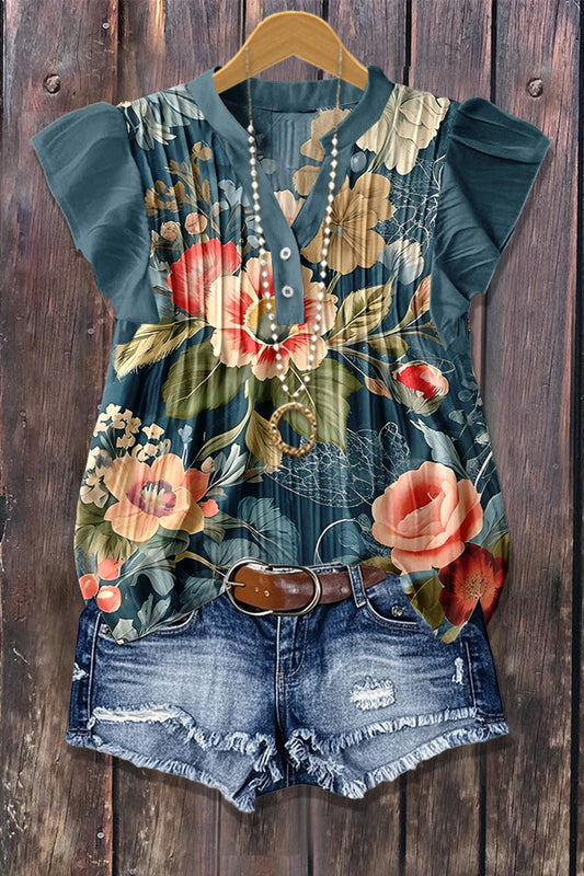 Chic Floral Print Flutter Sleeve Ribbed Top
