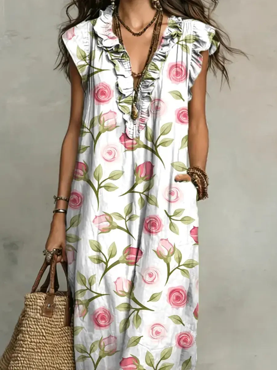 Women's Floral Pattern Art Print Casual Ruffled Stylish Dress