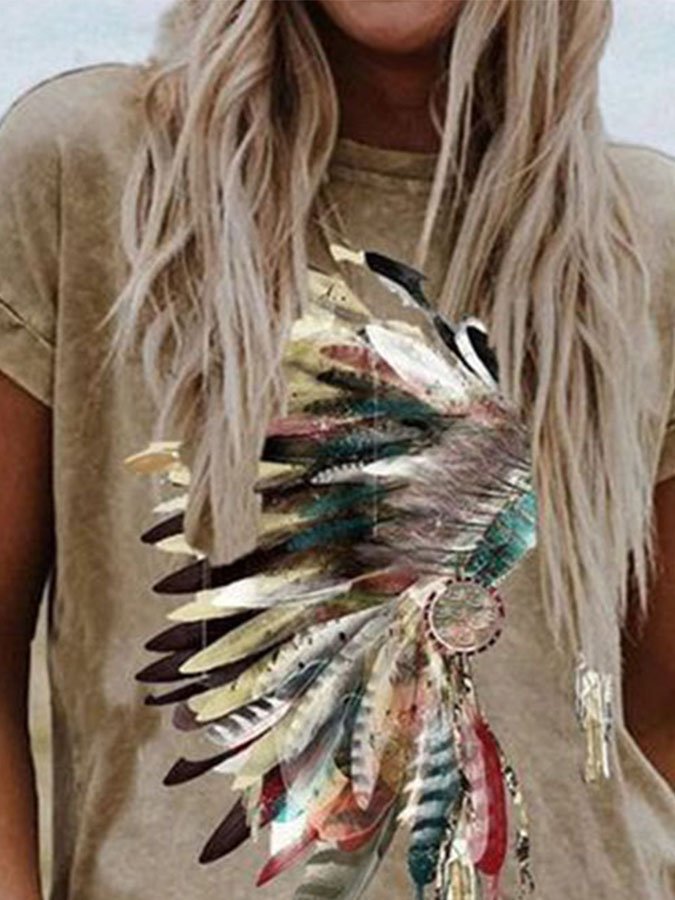 Western Feather Print Short Sleeve T-Shirt