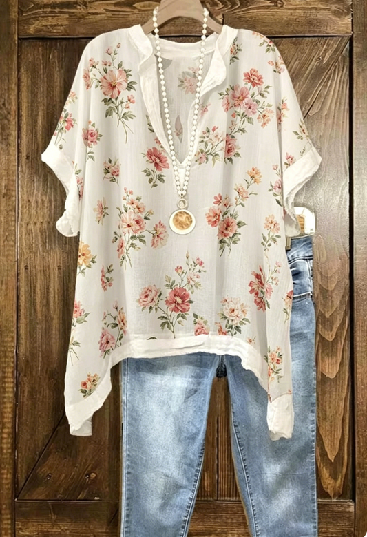 Floral Print Loose V-Neck Batwing Sleeve Top