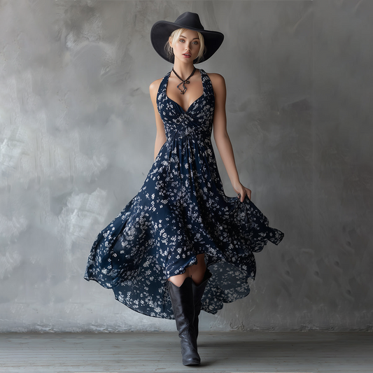 Vintage-inspired Classic Print Navy Blue Chiffon Sleeveless Maxi Dress