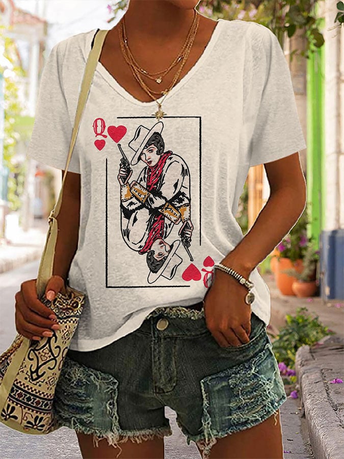 Women's Western Style Retro Queen Print Casual V-Neck T-Shirt