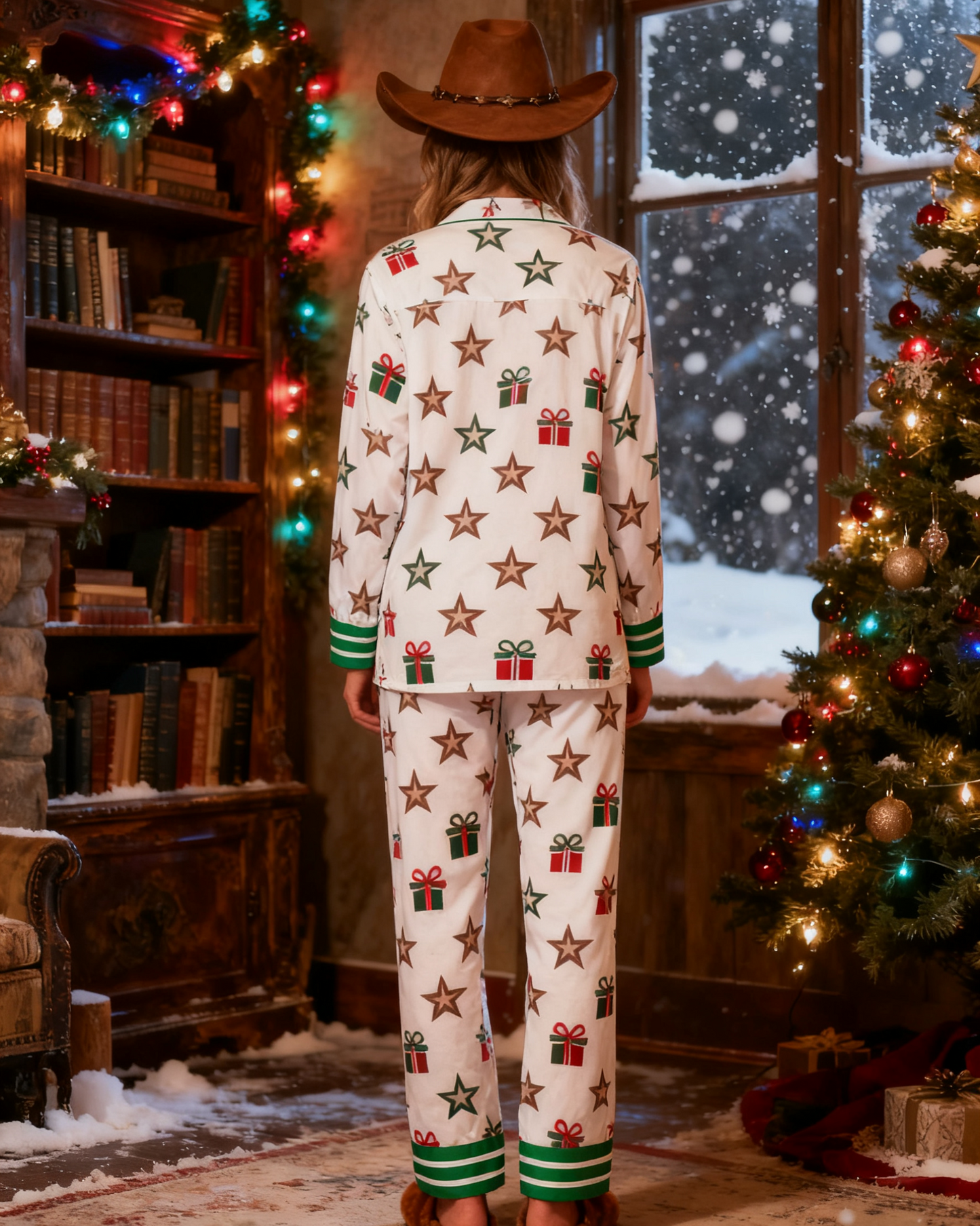 Women's Christmas Stars Pattern Long Sleeve Pants Suit