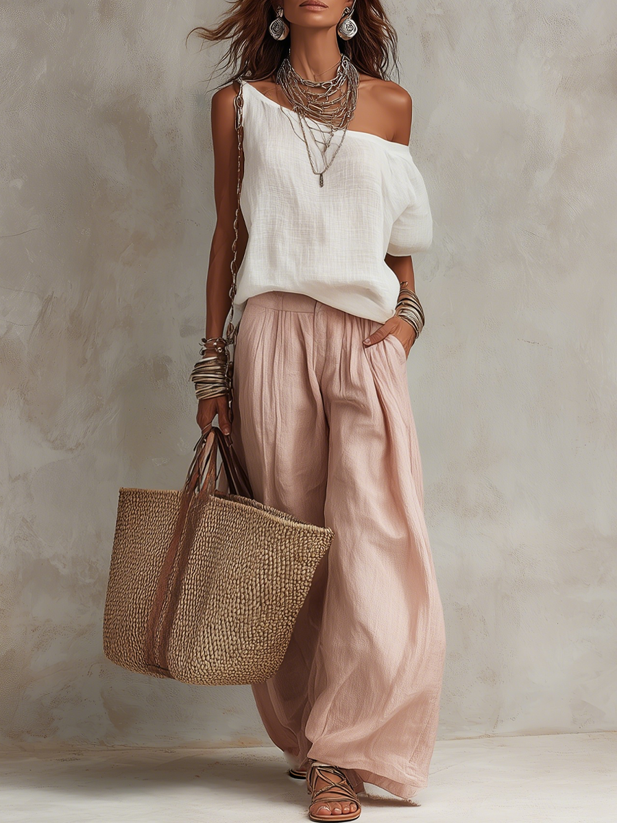 Pale Pink Sand Linen One Shoulder Top And Trousers Set