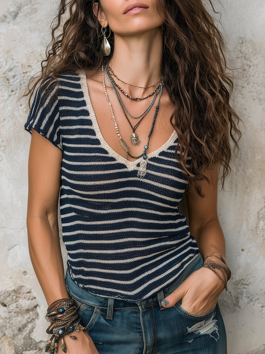 Bohemian Striped Knitted Short-sleeved Sweater