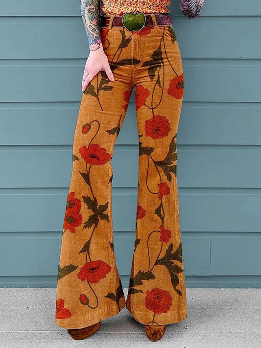 Women's Retro Floral Print Mid-Rise Button-Hem Bootcut Pants (Without Belt)