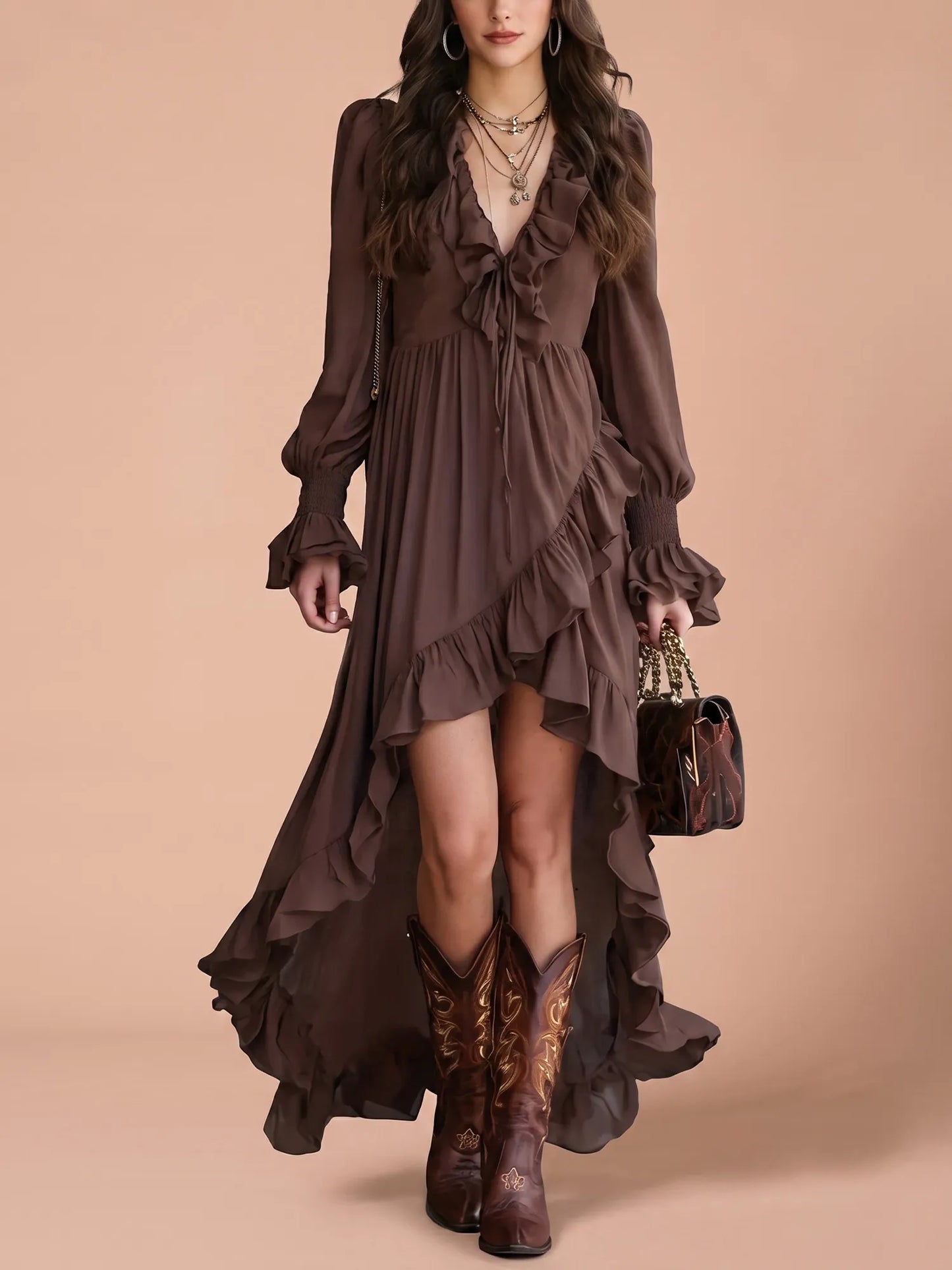 Dark Brown Plunge V-Neck Cascading Ruffle High-Low Chiffon Maxi Dress