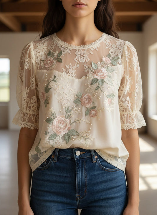 Elegant Embroidered Floral Lace Blouse for Women
