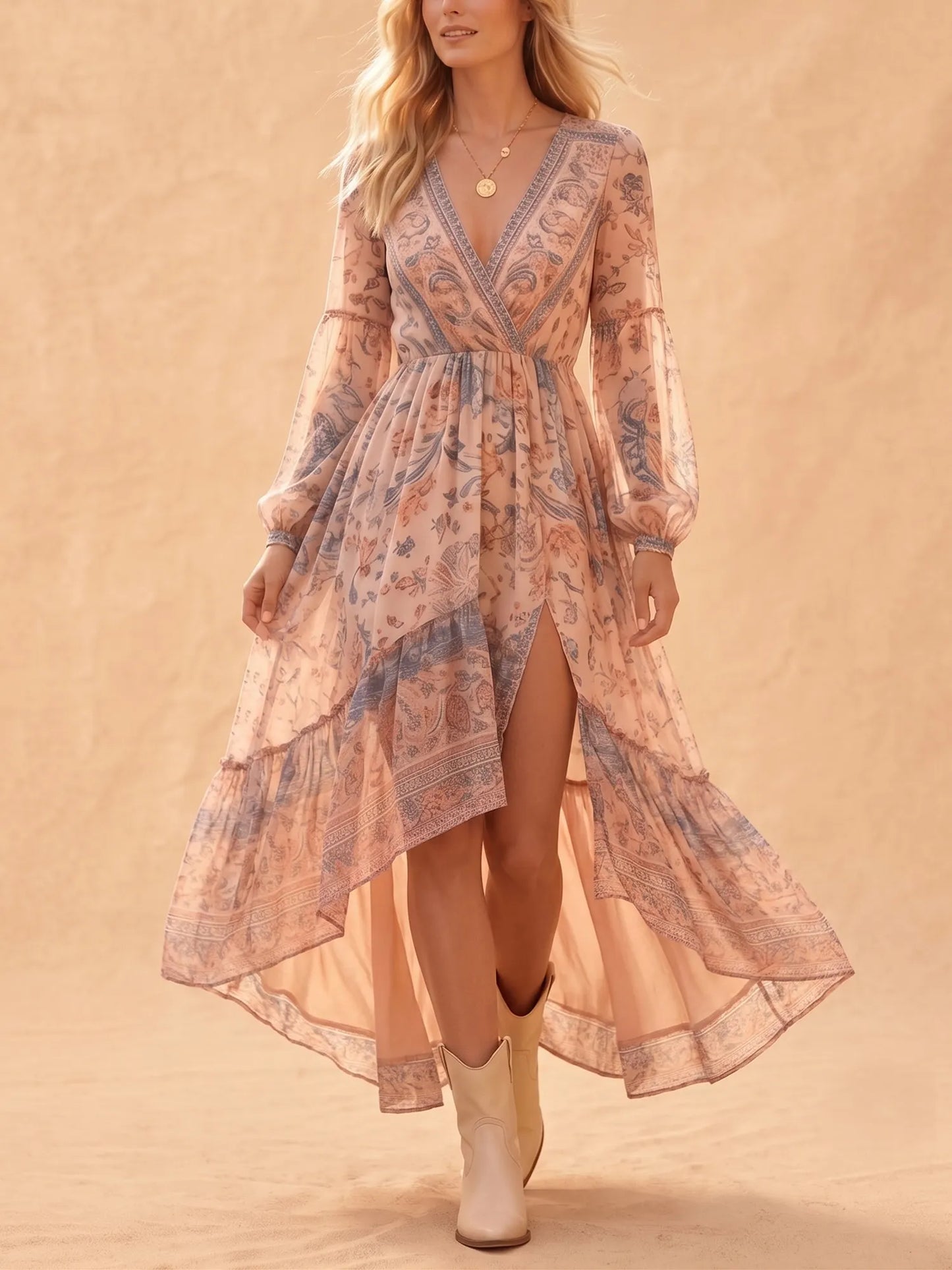 Western Dress — Charcoal Brown Plunging V-Neck Smocked Waist Chiffon Maxi Dress