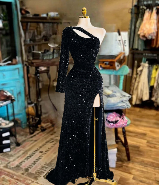 One Shoulder Neck Ruffled Teens Slit Sequined Dress