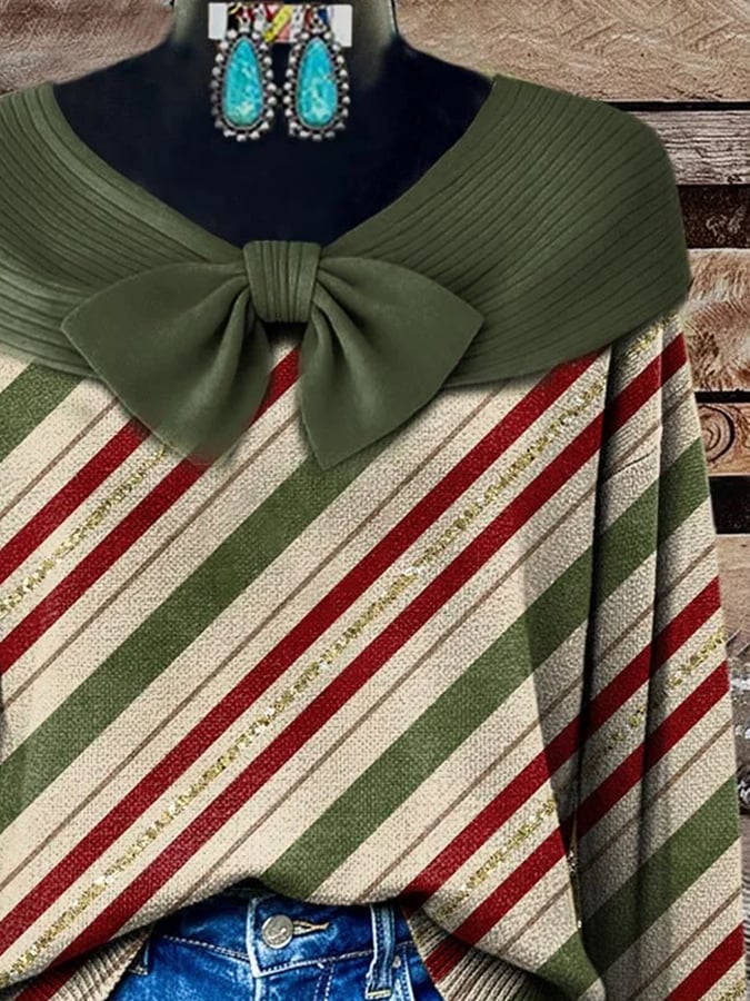 Women'S Casual Contrast Color Bow Sweater