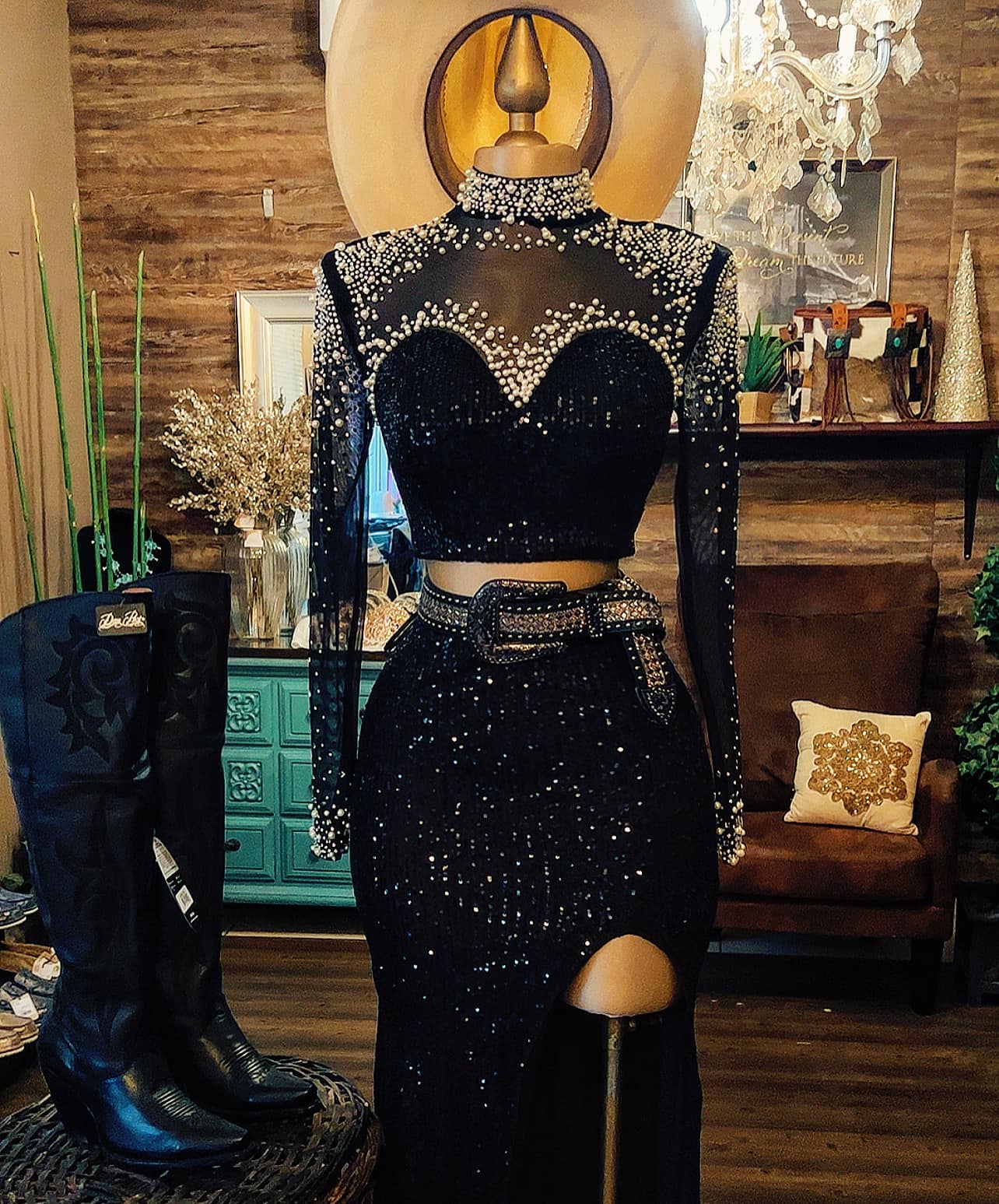 Round Neck Mesh Sequined Long Sleeve Dress Two Piece Set