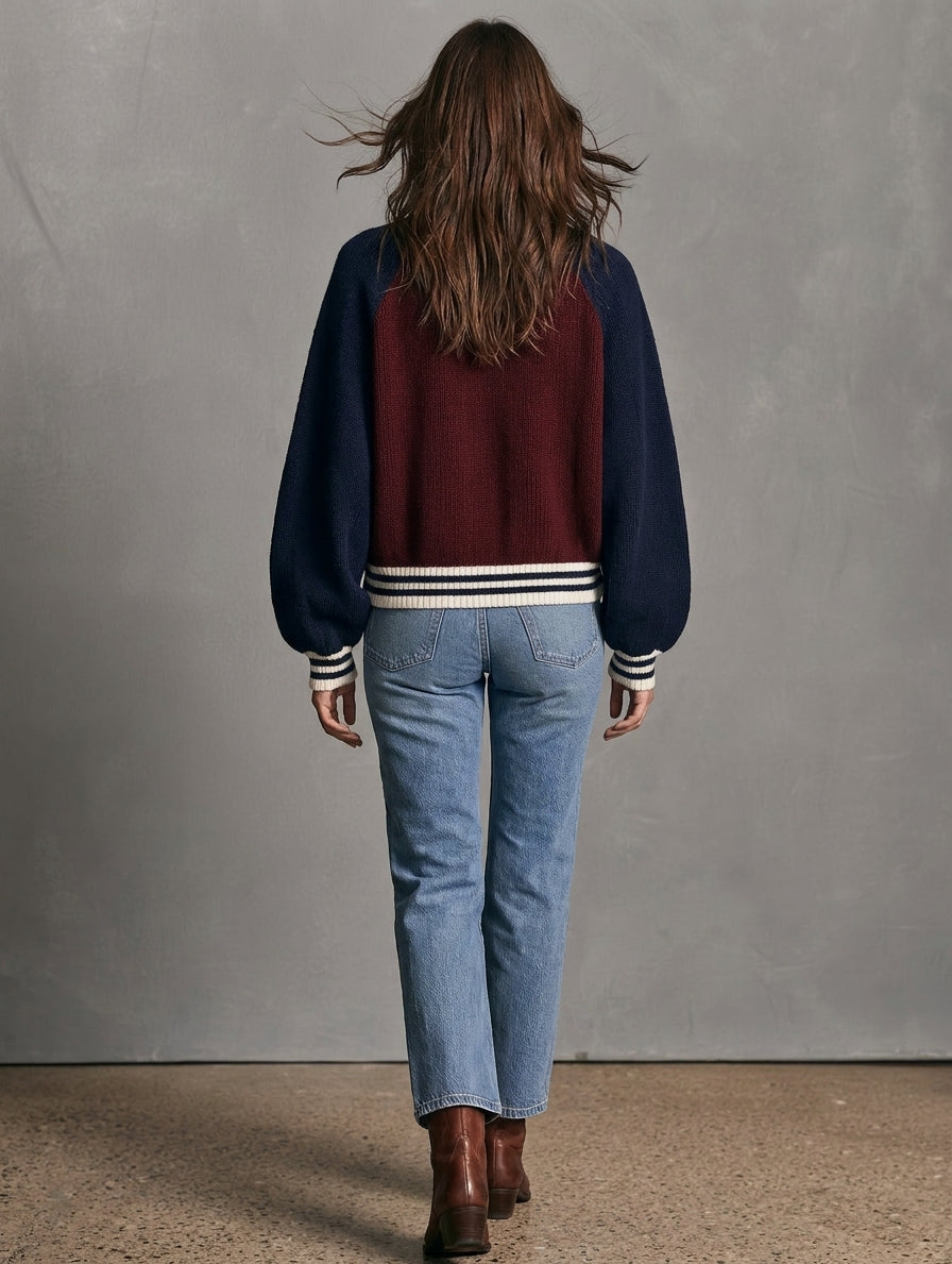Women's Casual Red And Blue Color-Block Knit Cardigan