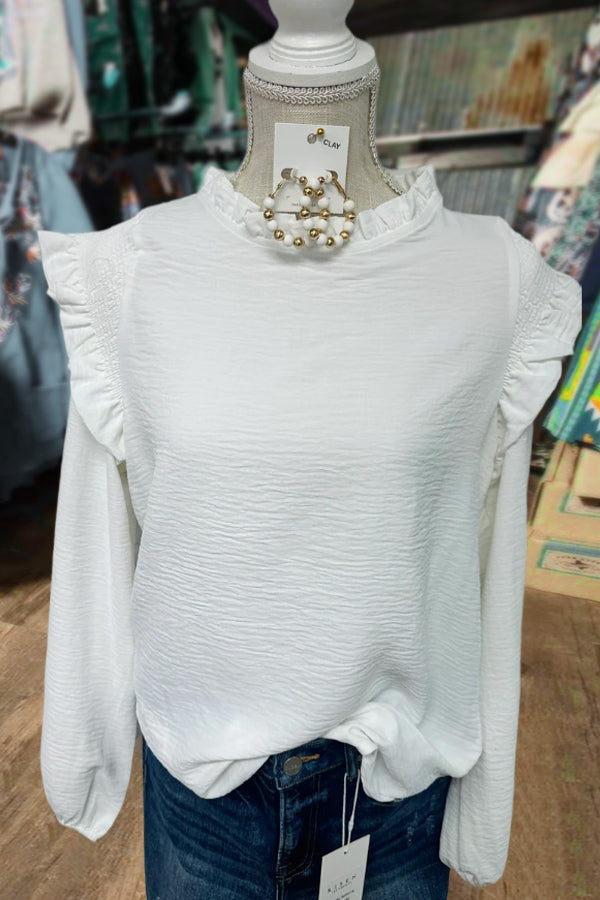 Solid Mock Neck Ruffle Long Sleeve Textured Top