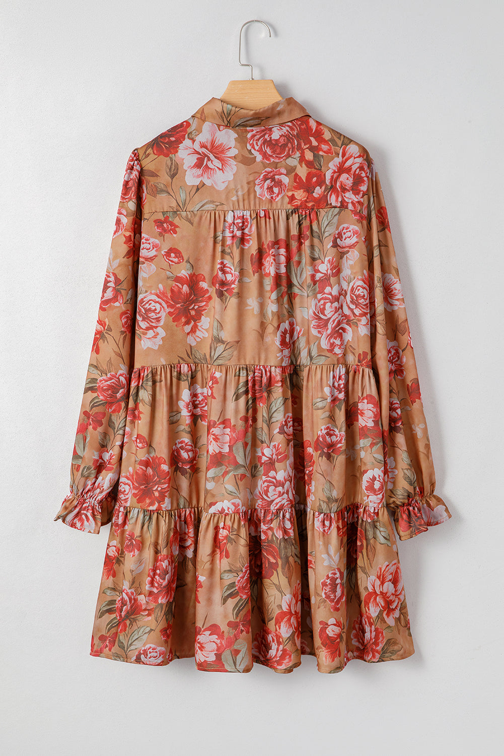 Brown Vintage Floral Print Shirt Style Half Button Long Sleeve Ruffle Mini Dress