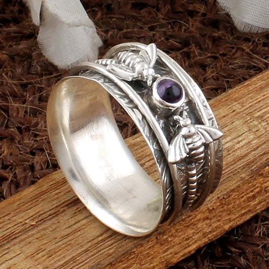 Sterling Silver Bee Purple Gemstone Meditation Ring