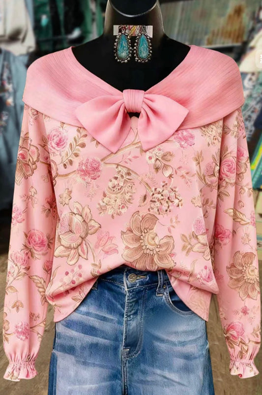Sweet Floral Print Bow Detailed Long Sleeve Top