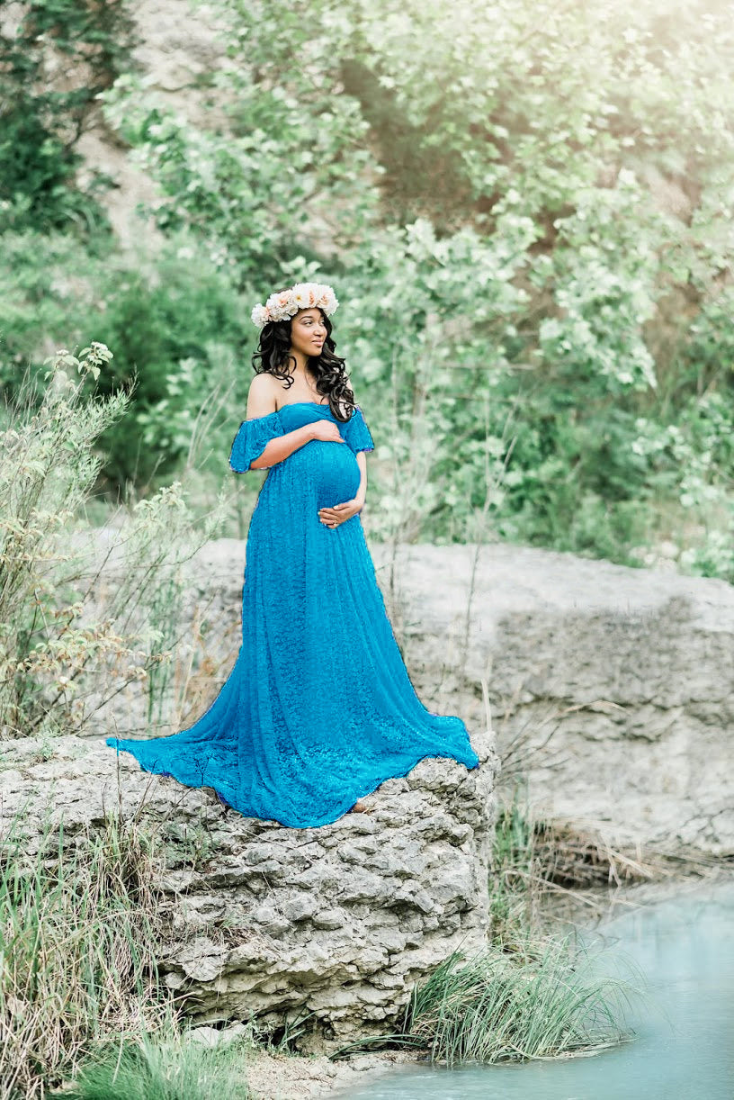 Maternity Photo Shoot Off Shoulder Lace Trailing Maxi Dress