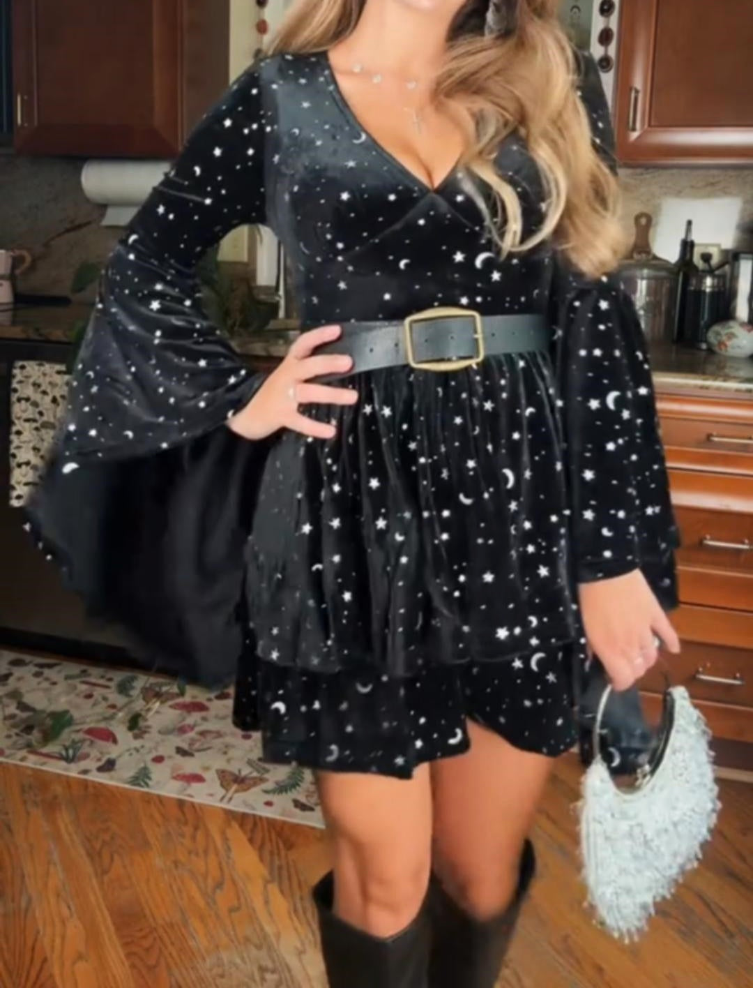 Velvet V-neck Star & Moon Pattern Bell Sleeve Dress