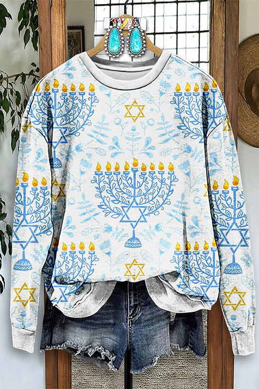 Vintage Hanukkah Menorah Print Sweatshirt