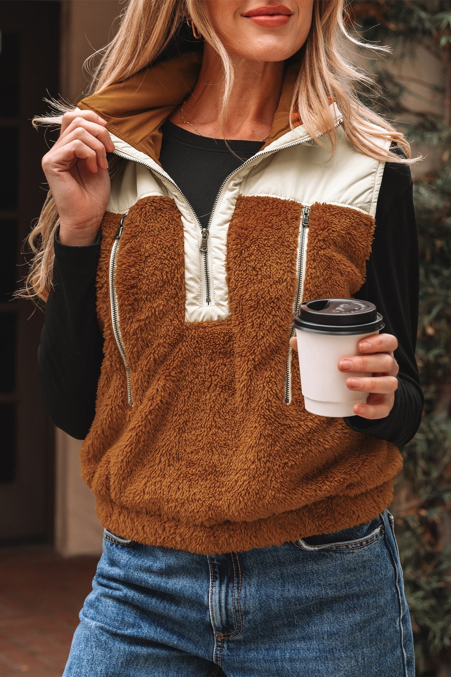 Chestnut Color Block Plush Patchwork Zipper Stand Neck Vest