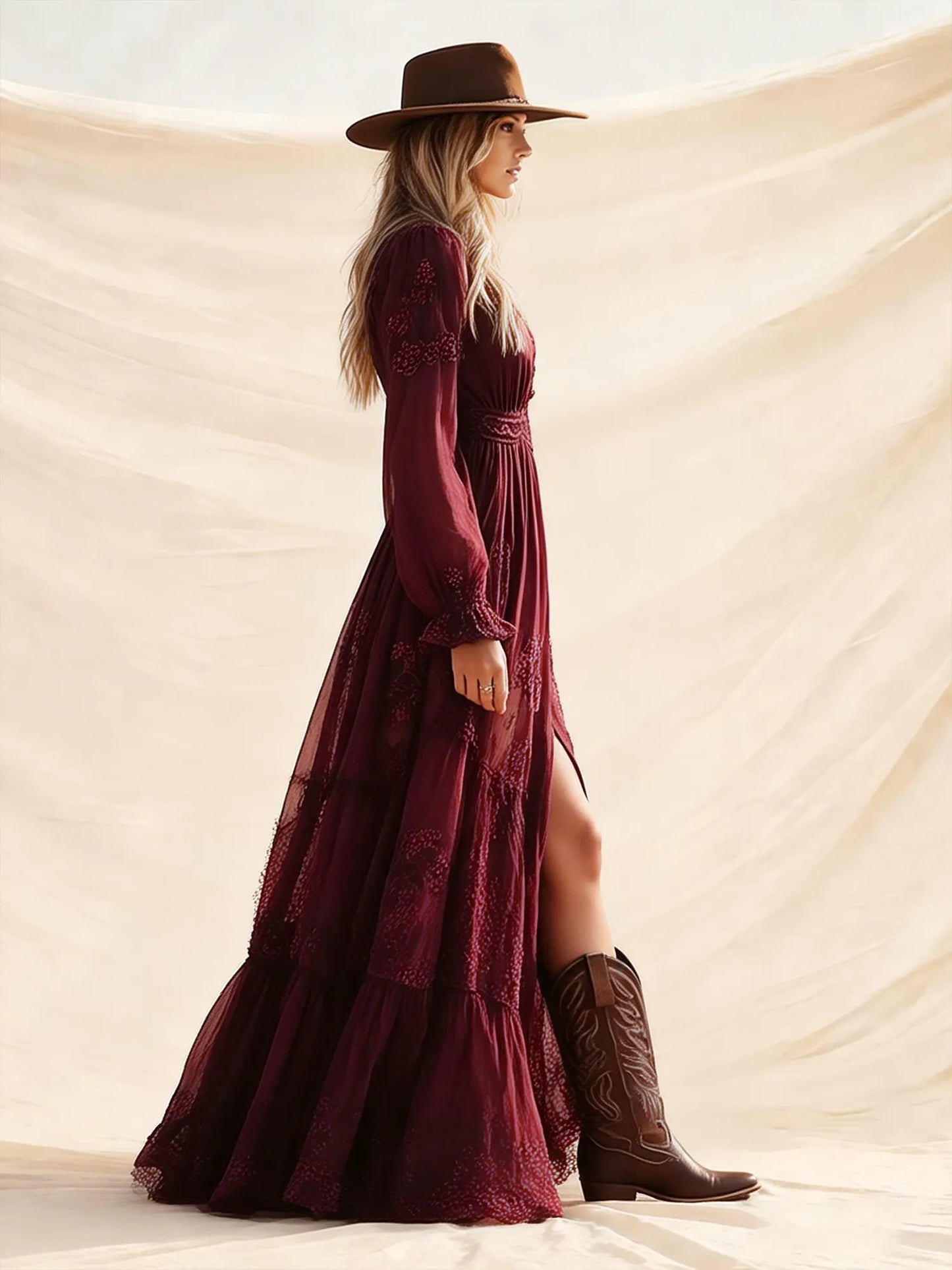 Ideal For Western Wedding Or Road Trip — Burgundy Embroidered Lace V-Neck Chiffon Boho Long Sleeve Maxi Dress