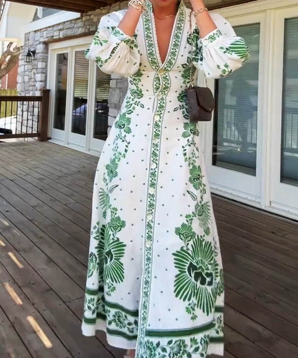 Holiday Print  V Neck Buttons Slit Dress